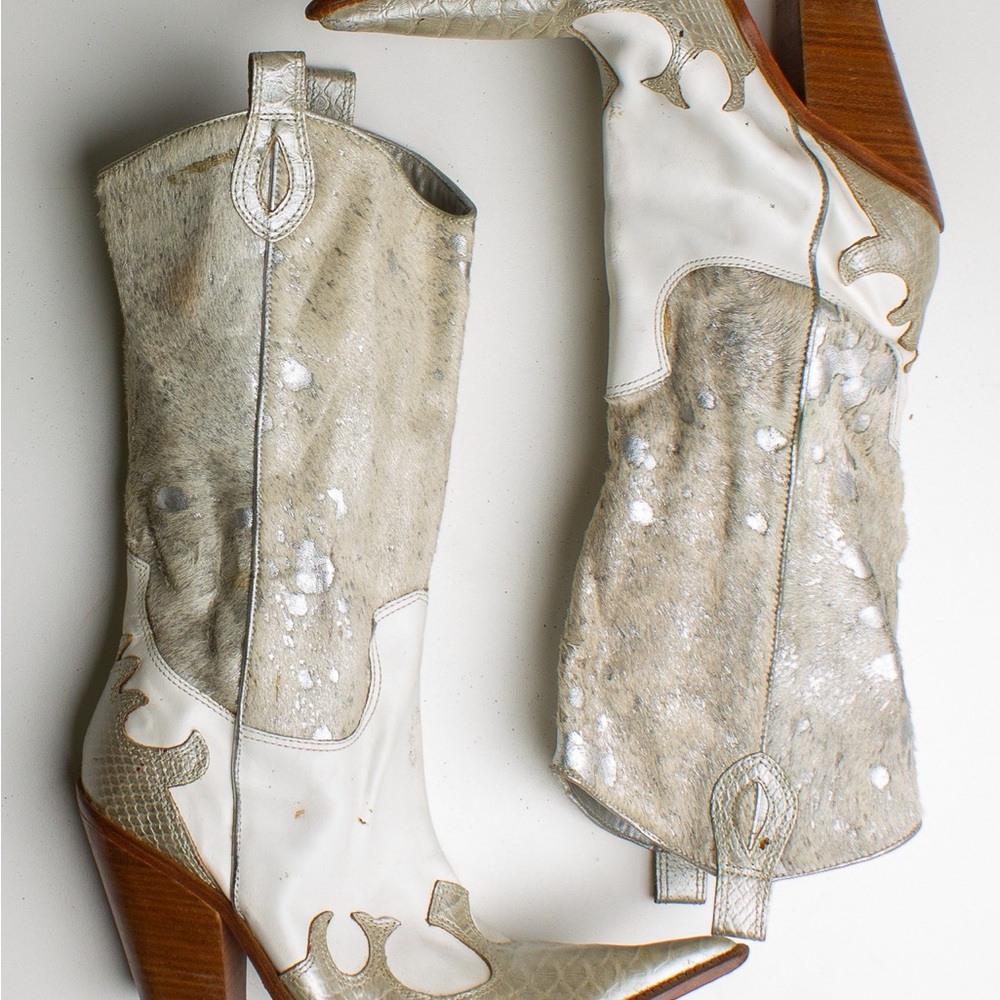 Silver and White Heeled Boots with Western Flair